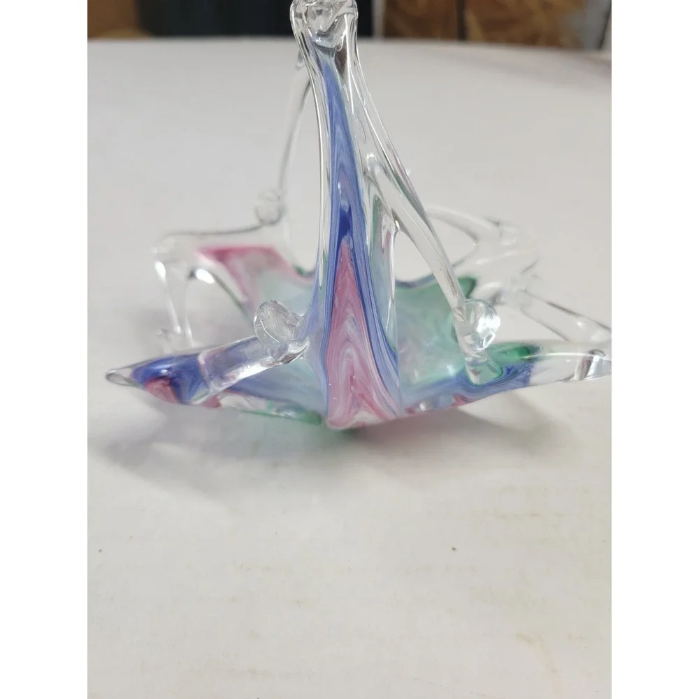 Vintage Art Glass Basket Swirl Murano Hand Blown Star Base 5.5 Inch
